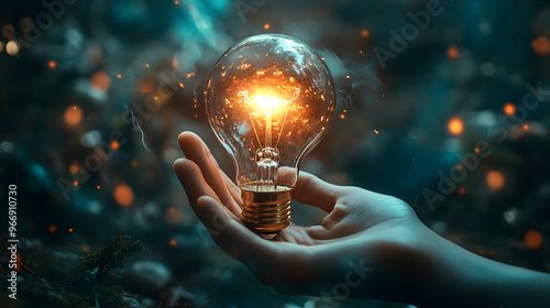 A glowing light bulb held i...