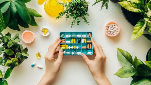 Hands holding a pill organizer with various pills and capsules, surrounded by plants. photo