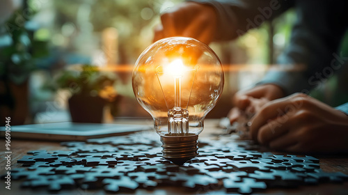 A glowing light bulb on a p...