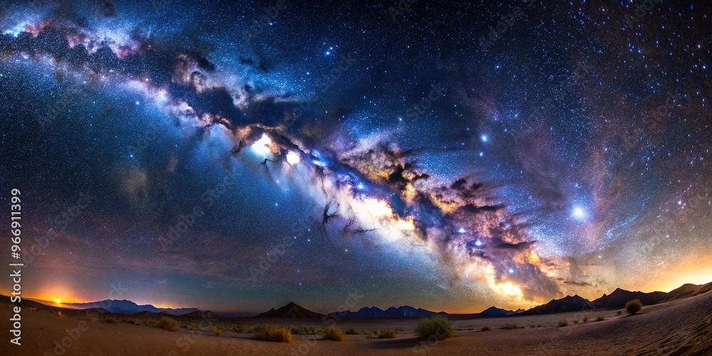 Fototapeta premium Spectacular Milky Way galaxy over desert landscape at night extreme close-up