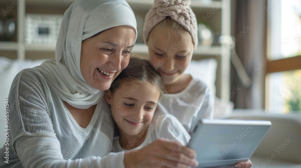 Obraz premium Group of young and old women in white headscarves after chemotherapy relaxing with tablets