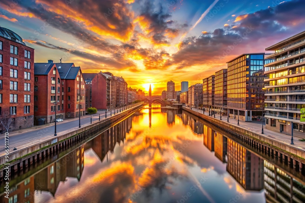 Fototapeta premium Spectacular sunset over Hamburg Hafencity skyline