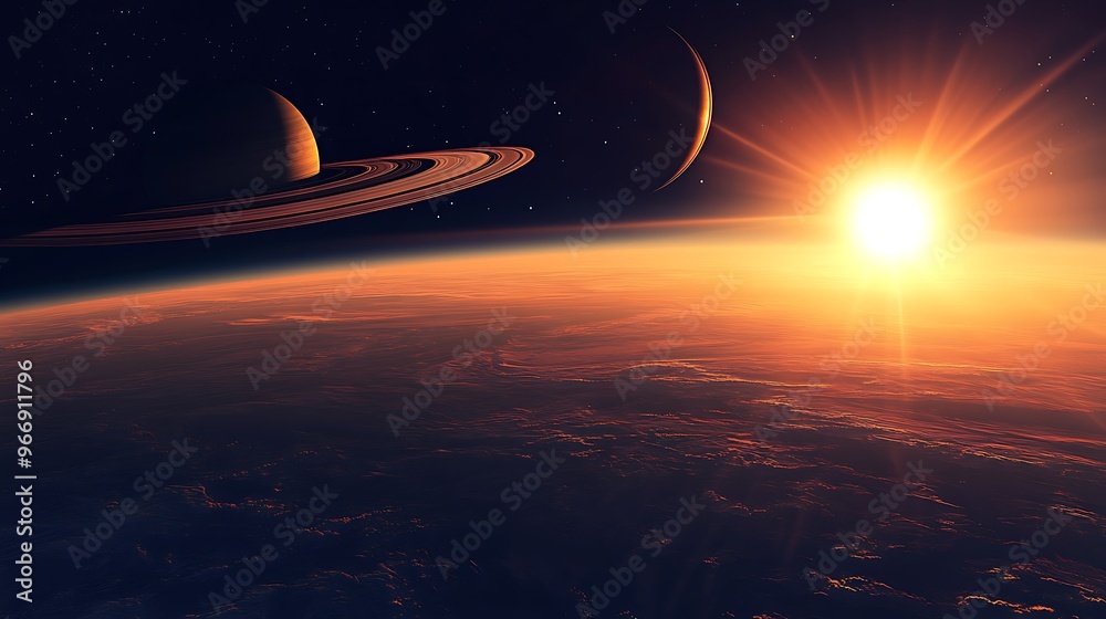 Majestic View of Saturn's Glow Above Earth's Horizon with Rings and Sunset - Astronomy and Space Exploration Concept Majestic View of Saturn's Glow Above Earth's Horizon with Rings and Sunset - Astronomy and Space Exploration Concept