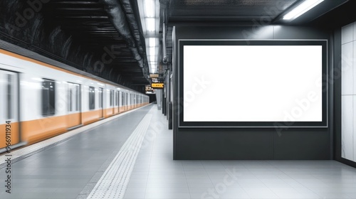 An empty billboard mockup stands prominently on the wall of a subway station as a train speeds past, indicating an active urban transportation scene