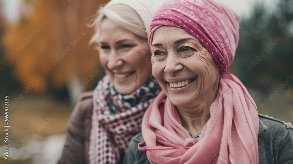 Photograph of a group of senior women wearing headscarves and pink ribbons. due to illness Photograph of a group of senior women wearing headscarves and pink ribbons. due to illness