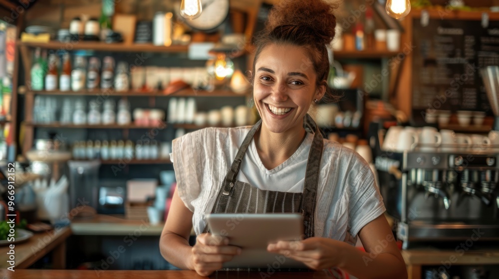 Close-up of a young woman wearing an apron using a digital tablet to happily check and take customer orders at the bar counter in a small coffee shop. Close-up of a young woman wearing an apron using a digital tablet to happily check and take customer orders at the bar counter in a small coffee shop.