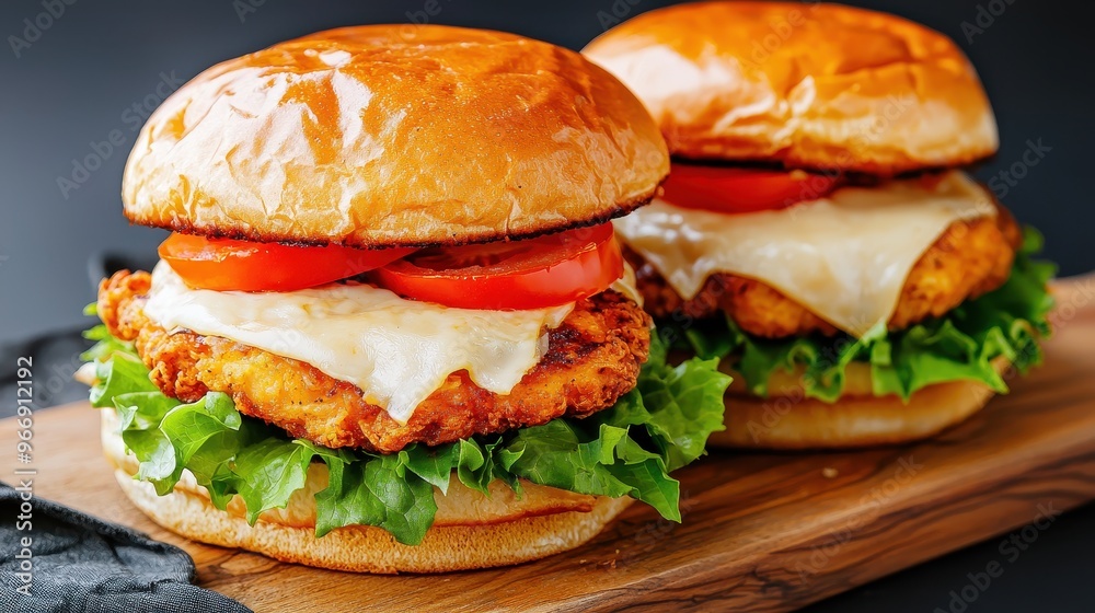Delicious Crispy Chicken Burger with Cheese and Tomato on Wooden Board Delicious Crispy Chicken Burger with Cheese and Tomato on Wooden Board