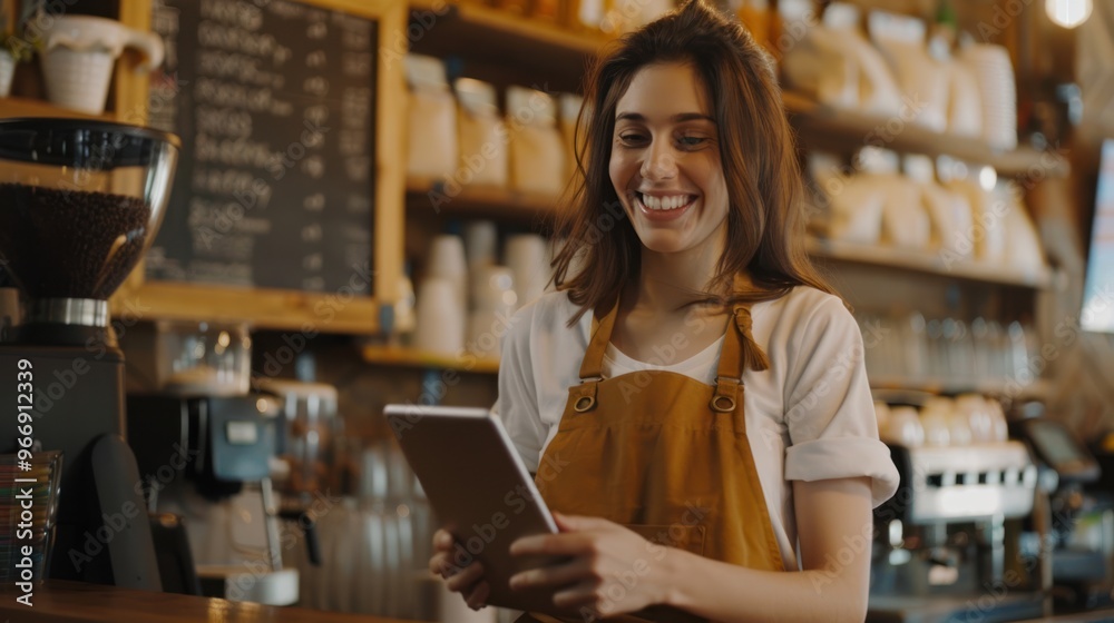 Close-up of a young woman wearing an apron using a digital tablet to happily check and take customer orders at the bar counter in a small coffee shop. Close-up of a young woman wearing an apron using a digital tablet to happily check and take customer orders at the bar counter in a small coffee shop.
