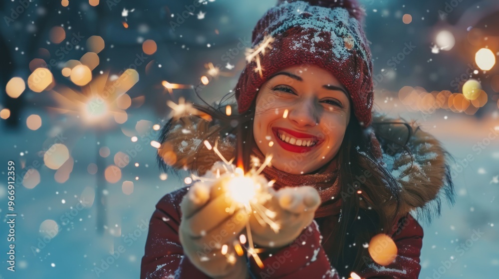 Close-up of a beautiful young woman smiling happily Have fun celebrating Christmas or New Year with bright fireworks amidst the falling snow. Close-up of a beautiful young woman smiling happily Have fun celebrating Christmas or New Year with bright fireworks amidst the falling snow.