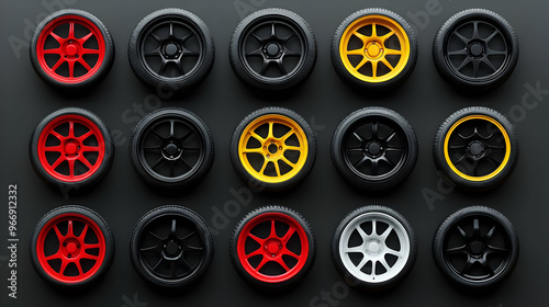 A grid of various car wheels in different colors and styles.