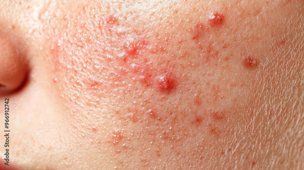 Fototapeta premium Close up of Acne Prone Skin with Redness and Inflammation