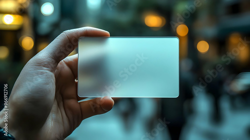 A hand holding a blank card...