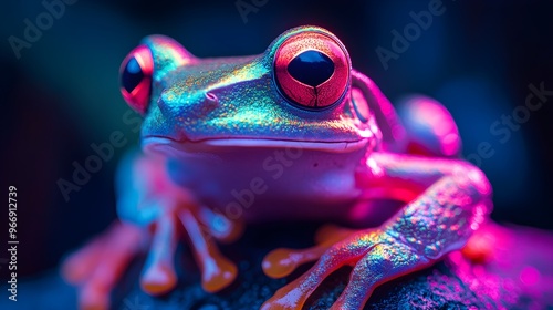 Stunning high-resolution image of a frog illuminated in glowing neon lights photo