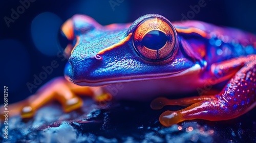 Bright neon light rendering of a frog in high-definition with electric colors image photo