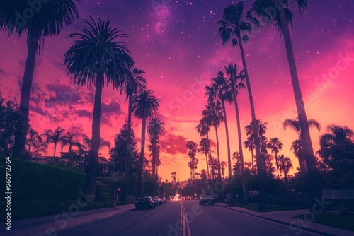 This image features a view from the driverâ€™s perspective on a Beverly hills road lined with tall palm trees under an extraordinarily vibrant and surreal sky. with generative ai