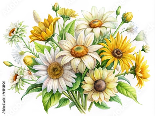 sketch a bouquet of daisies, sunflowers, and lilies, with leaves and stems in gentle curves photo