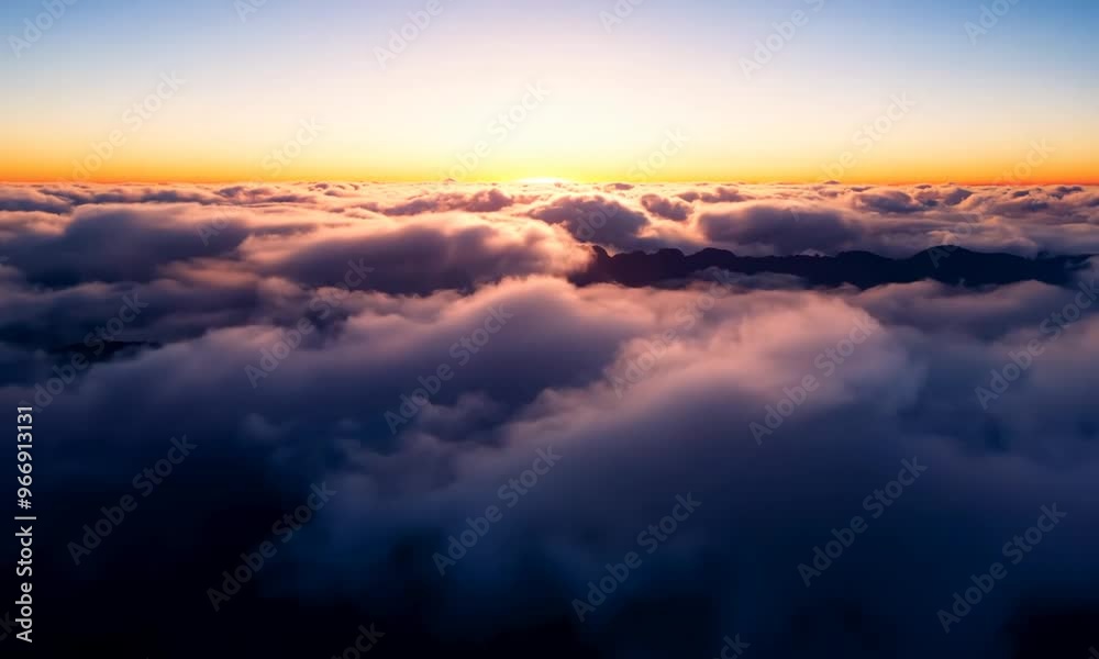 High-quality flight animation in the clouds with twilight sunlight High-quality flight animation in the clouds with twilight sunlight