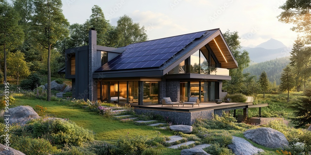 luxury grey and purple chalet house with modern solar panel and fresh green park luxury grey and purple chalet house with modern solar panel and fresh green park