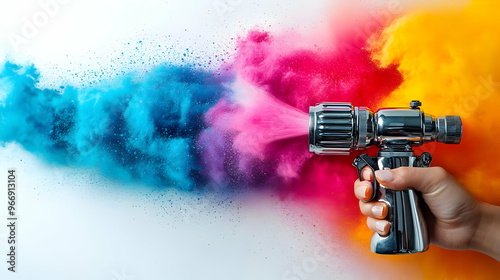 A hand holding a spray gun ...