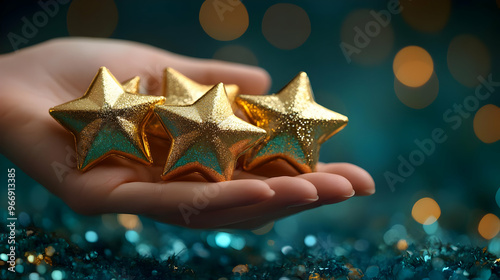 A hand holding golden star-...