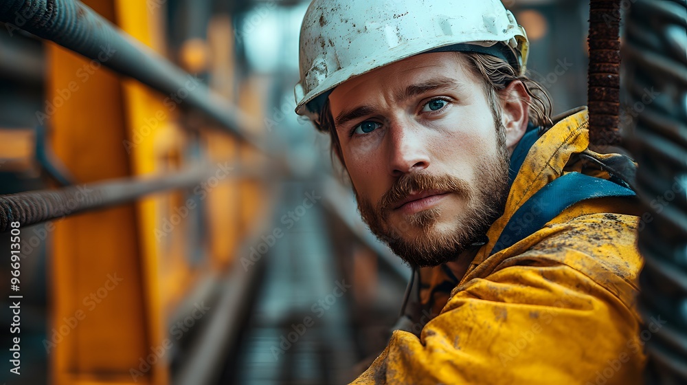 In a partially constructed bridge, a civil engineer with a white safety helmet is evaluating the integrity of the steel framework