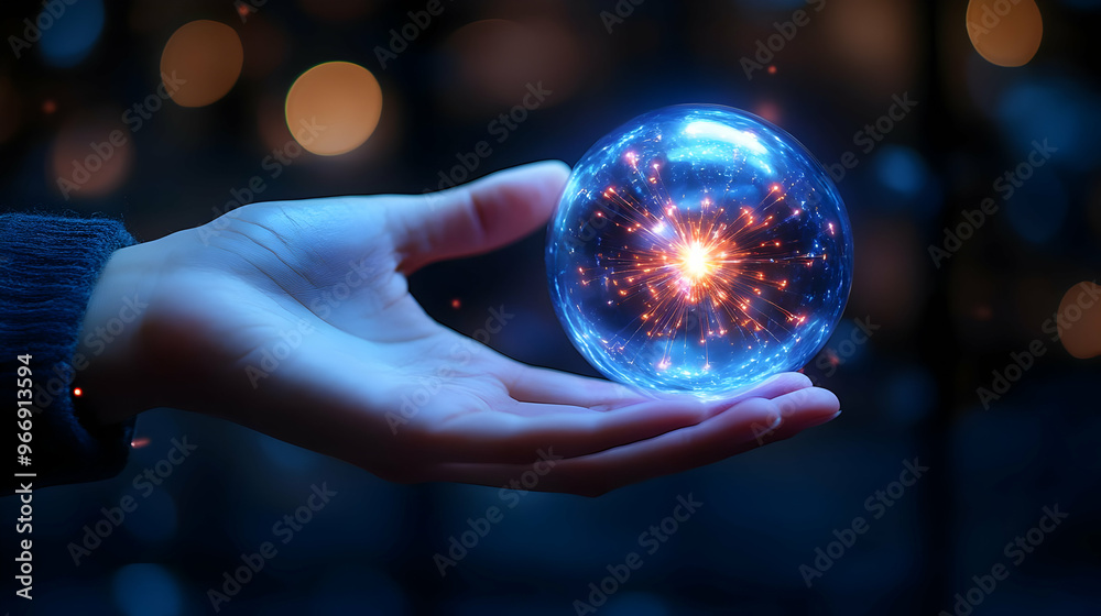 Fototapeta premium A hand holds a glowing orb with sparks, symbolizing energy and innovation.