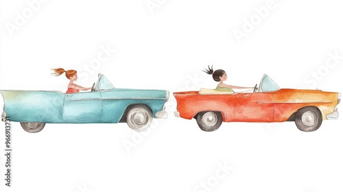 Watercolor Illustration of Two Girls Driving Vintage Cars photo