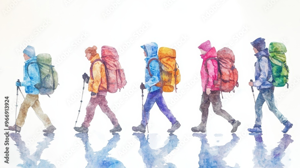 Fototapeta premium Watercolor Illustration of Hikers with Backpacks Walking