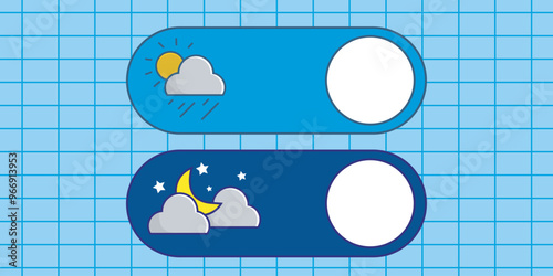 Day and night vector buttons with sun and moon icons