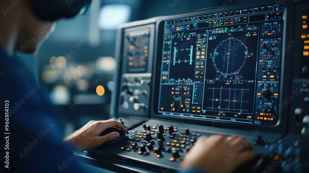 Fototapeta premium Immersive Flight Simulation: Close-Up of Virtual Reality and Pilot Controls