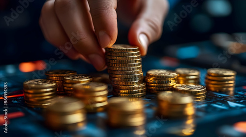 A hand stacking gold coins ...