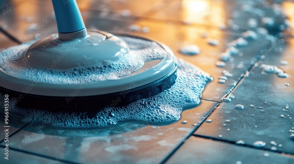 Fototapeta premium A close-up of a floor scrubber removing stains from a tiled surface, with bubbles and scrubbing action visible