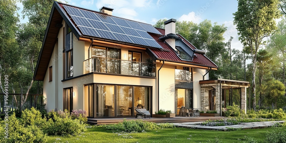 luxury cream and red chalet house with modern solar panel and fresh green park luxury cream and red chalet house with modern solar panel and fresh green park