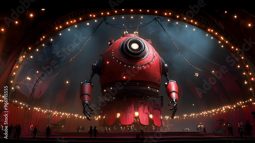A large, red robot stands i...