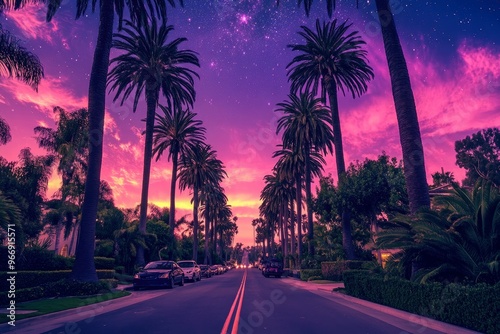 This image features a view from the driverâ€™s perspective on a Beverly hills road lined with tall palm trees under an extraordinarily vibrant and surreal sky. with generative ai