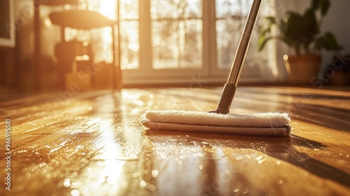 Wallpaper Mural A close-up of a mop gliding across a hardwood floor, leaving a shiny, clean surface behind, with natural light streaming in Torontodigital.ca