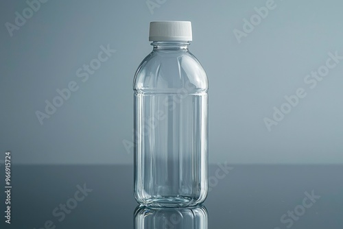 Empty Clear Plastic Bottle with White Cap on Reflective Surface