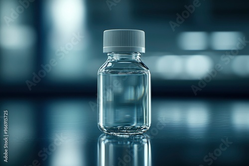 Glass Bottle with White Cap on a Reflective Surface