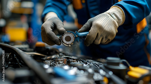 A mechanic using a tool to ...