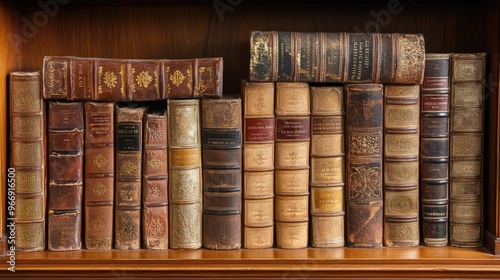 A collection of antique books with gilded spines, neatly arranged on a mahogany bookshelf in a study