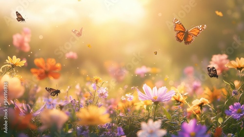 A colorful summer flower garden with bees and butterflies hovering over blossoms, bathed in warm sunlight