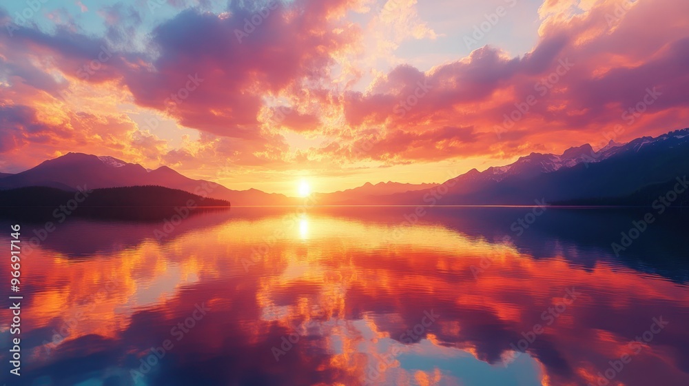 A crystal-clear lake surface reflecting a vibrant sunset sky, creating a mirror-like background with warm colors A crystal-clear lake surface reflecting a vibrant sunset sky, creating a mirror-like background with warm colors