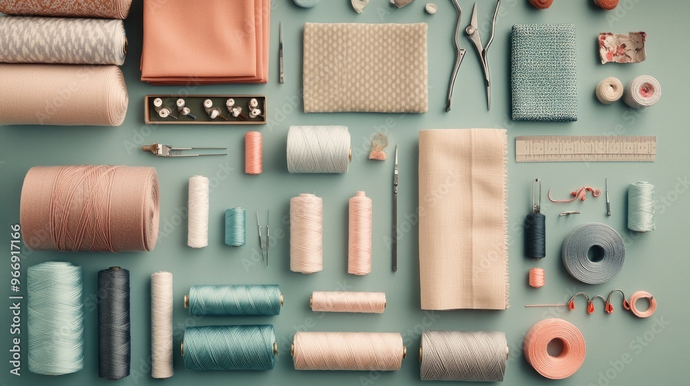 A creative flat lay of different fabrics, threads, and sewing tools, symbolizing material choices in fashion design A creative flat lay of different fabrics, threads, and sewing tools, symbolizing material choices in fashion design