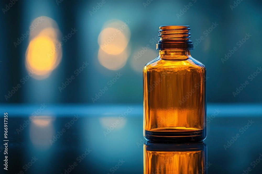 Amber Glass Bottle on Reflective Surface with Bokeh Lights Amber Glass Bottle on Reflective Surface with Bokeh Lights