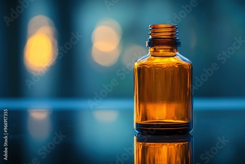 Amber Glass Bottle on Reflective Surface with Bokeh Lights