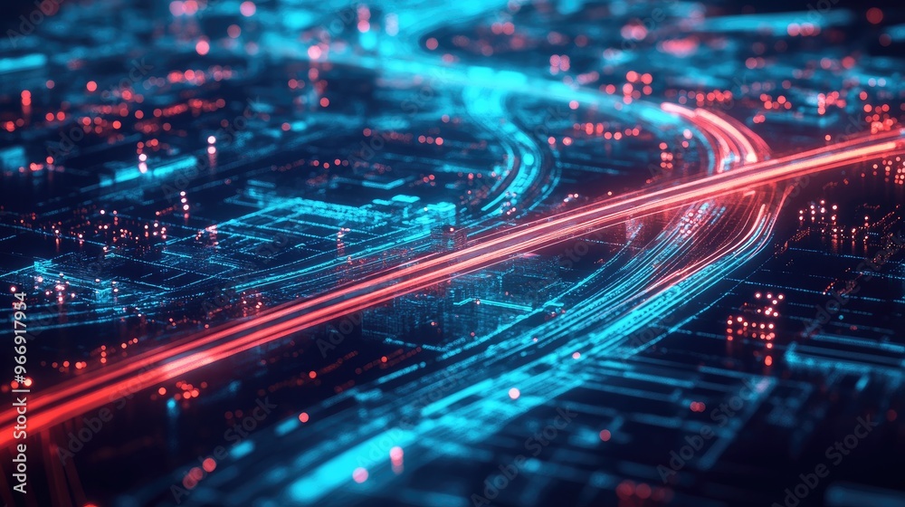A dynamic shot of a digital map interface with real-time traffic updates and autonomous vehicle routes A dynamic shot of a digital map interface with real-time traffic updates and autonomous vehicle routes