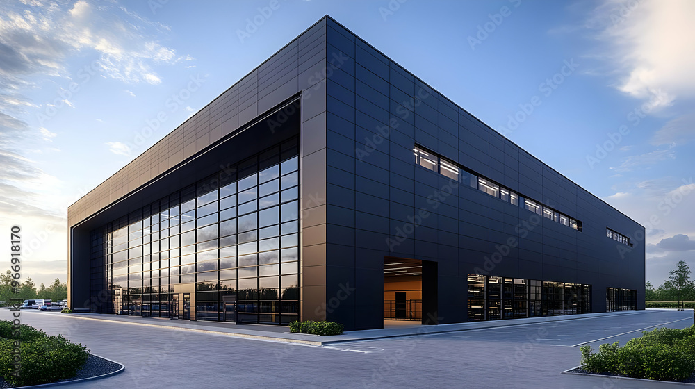 A modern black building with large glass windows, designed for industrial or commercial use. A modern black building with large glass windows, designed for industrial or commercial use.