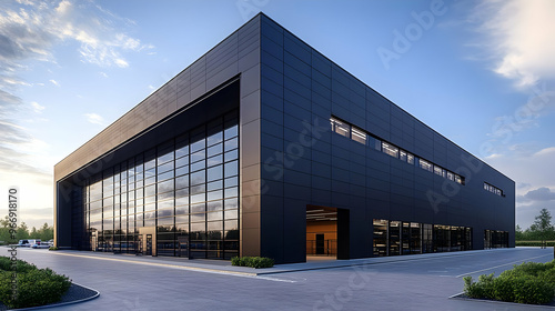 A modern black building with large glass windows, designed for industrial or commercial use.