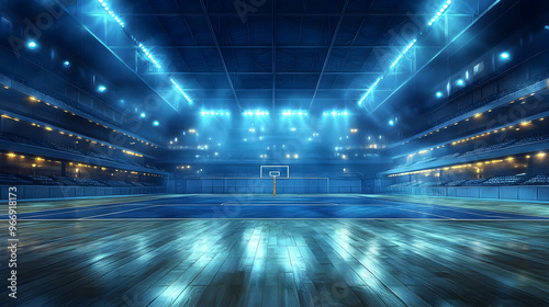 A modern basketball arena illuminated with blue lights and a polished wooden floor.