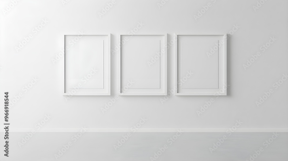 white picture frames on a white wall. white picture frames on a white wall.